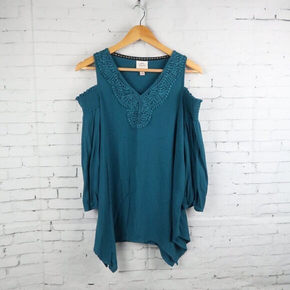 KNOX ROSE TEAL COLD SHOULDER 3/4 SLEEVE V NECK ASYMETRICAL TUNIC TOP SIZE S - Picture 6 of 10